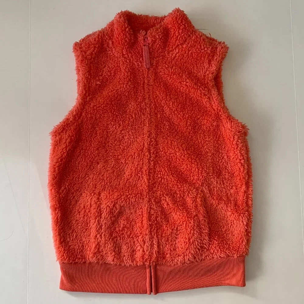 Share Old Navy girls salmon pink fleece fluffy vest jacket zipper pockets sz 14